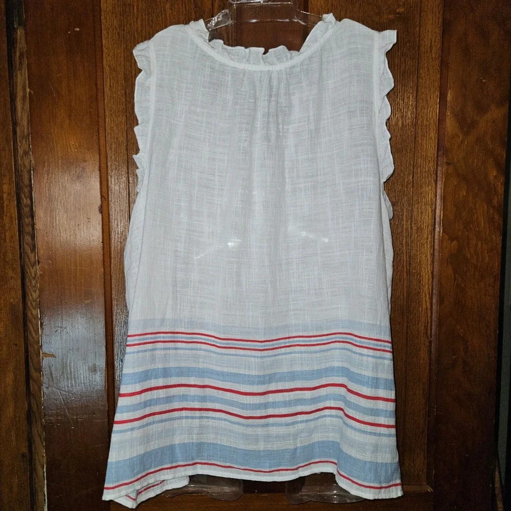 Feeling Festive Women XXL White Cotton Ruffle Sleeveless Top Red Blue Striped - Picture 2 of 6